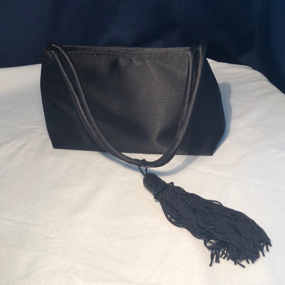 Tiny Black Purse w beaded tassel and Pink Inside!